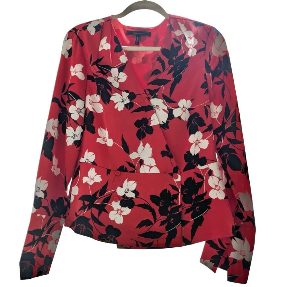 RARE! ❤️🖤 BCBGMAXAZRIA Red Floral Elegant Wrap Blouse Sz M -  Office to Night